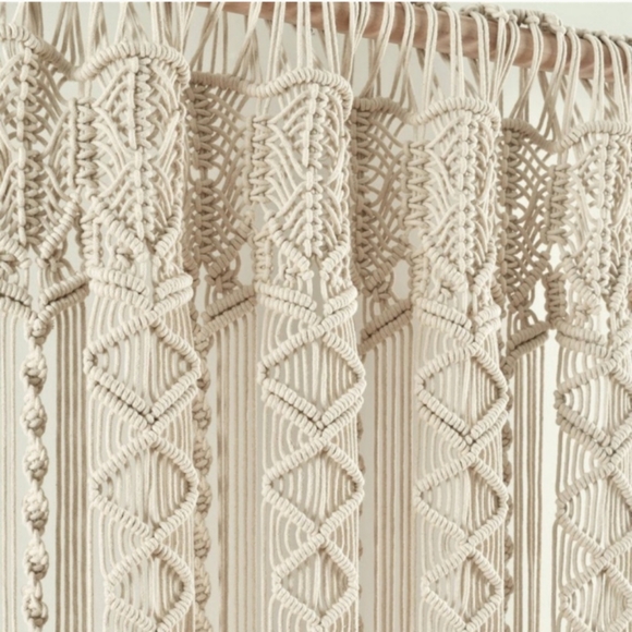 UO Bohemian Macrame Textured Cotton Window Curtain Panel Wall Hanging Tan - Picture 3 of 12